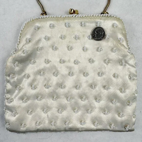 Vintage Womens White Beaded Geometric Floral Evening Bag Small Clutch Purse HK - Picture 8 of 12